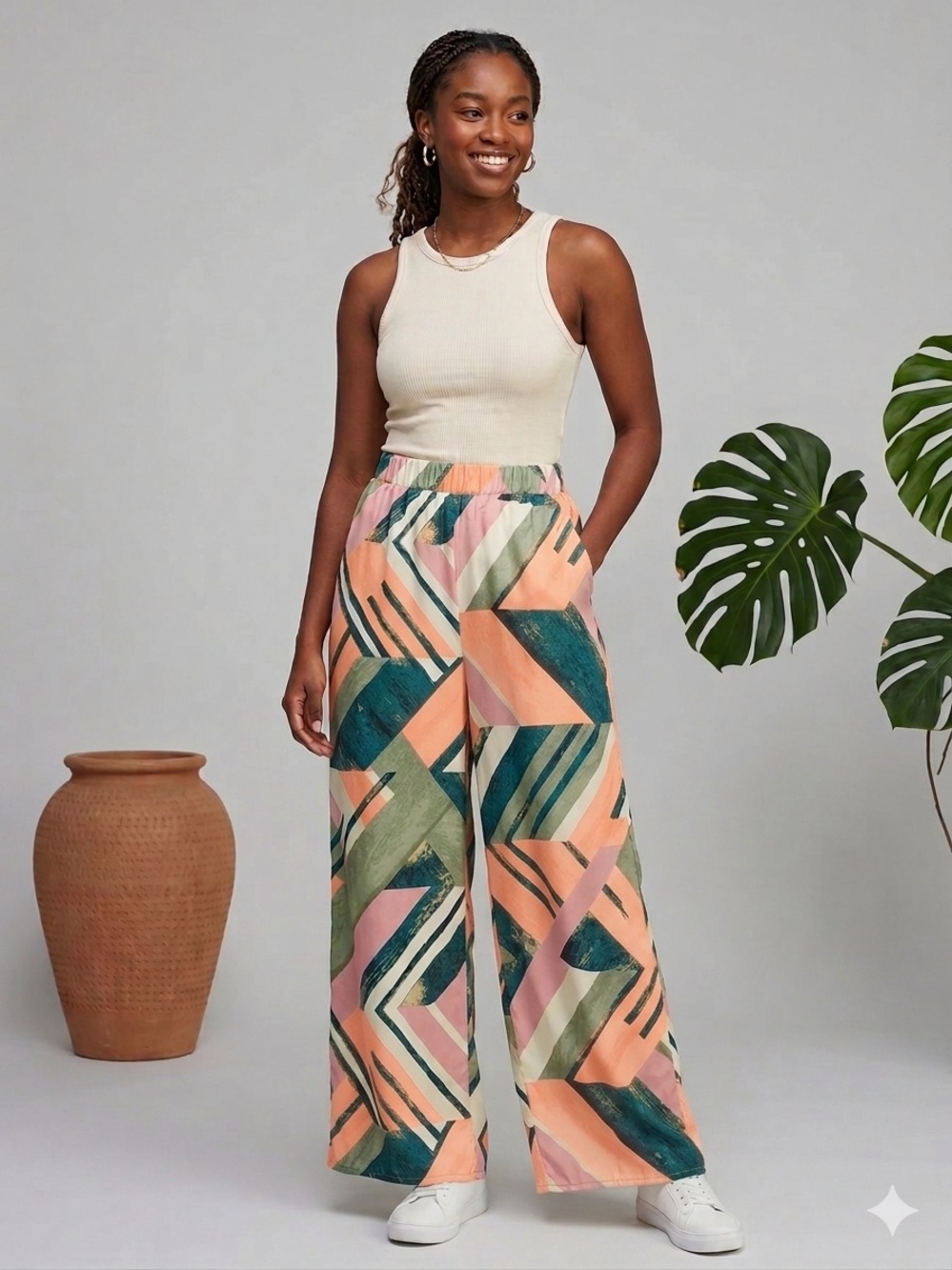 Entro Abstract Printed Paper Bag Waist Flowy Pants